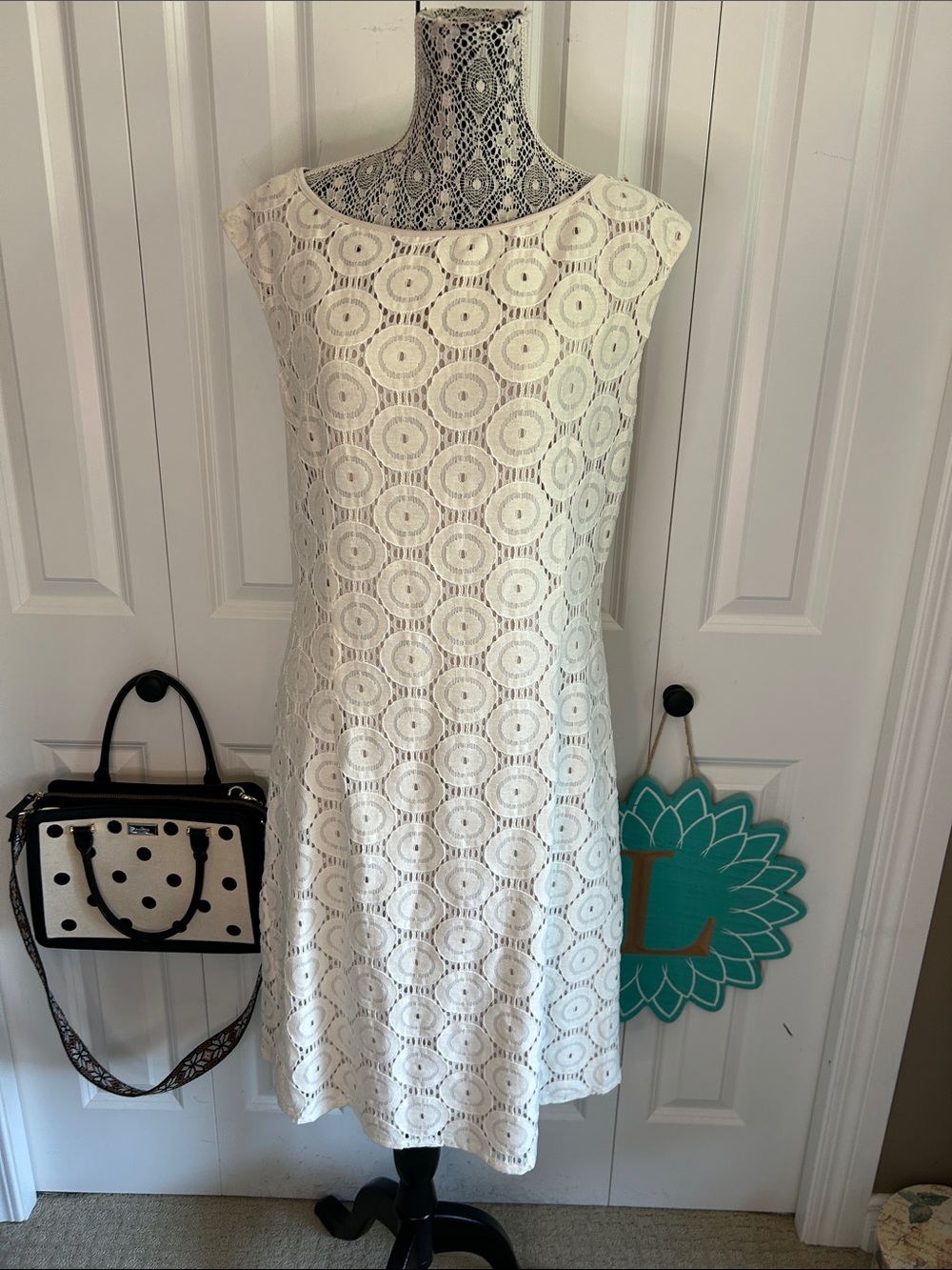 Eliza J Cream Circle Crochet Lace Shift Dress 14